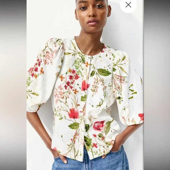 H&M women’s linen blend white floral button down blouse sz XS preloved - Picture 1 of 11